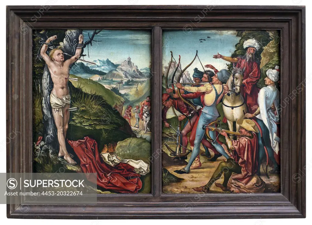 The Martyrdom of St. Sebastian. About 1510. (diptych). (Master of Seba-stian diptych; active in 1510 in order-circle of Hans Baldung in Strabburg)
