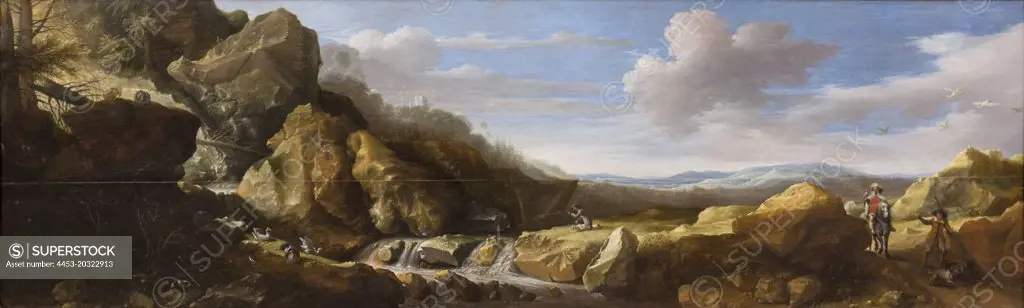 Mountain landscape with hunters 1635. (Hoendecoeter; Gijsbert Gillisz; 1604 Utrecht Utrecht 1653)