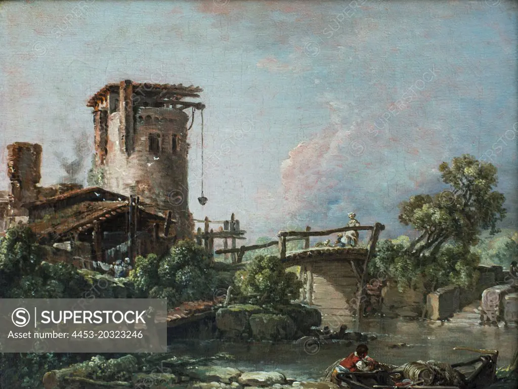Landscape with tower and bridge 1758 Francois Boucher; French (1703 - 1770)