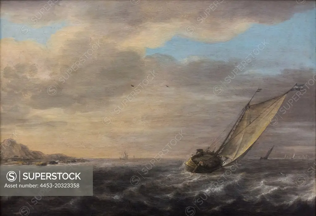 Easy Moving lake with a sailboat; 163(5) Simon de Vlieger; Dutch (1601-1653)