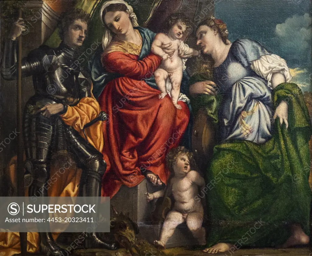 Altarpiece showing the Virgin and Child; with Saints George and Catherine of Alexandria; and a Putto c. 1520 Oil on canvas Domenico Campagnola Italian active Venice and Padua Born c. 1500; died 1564