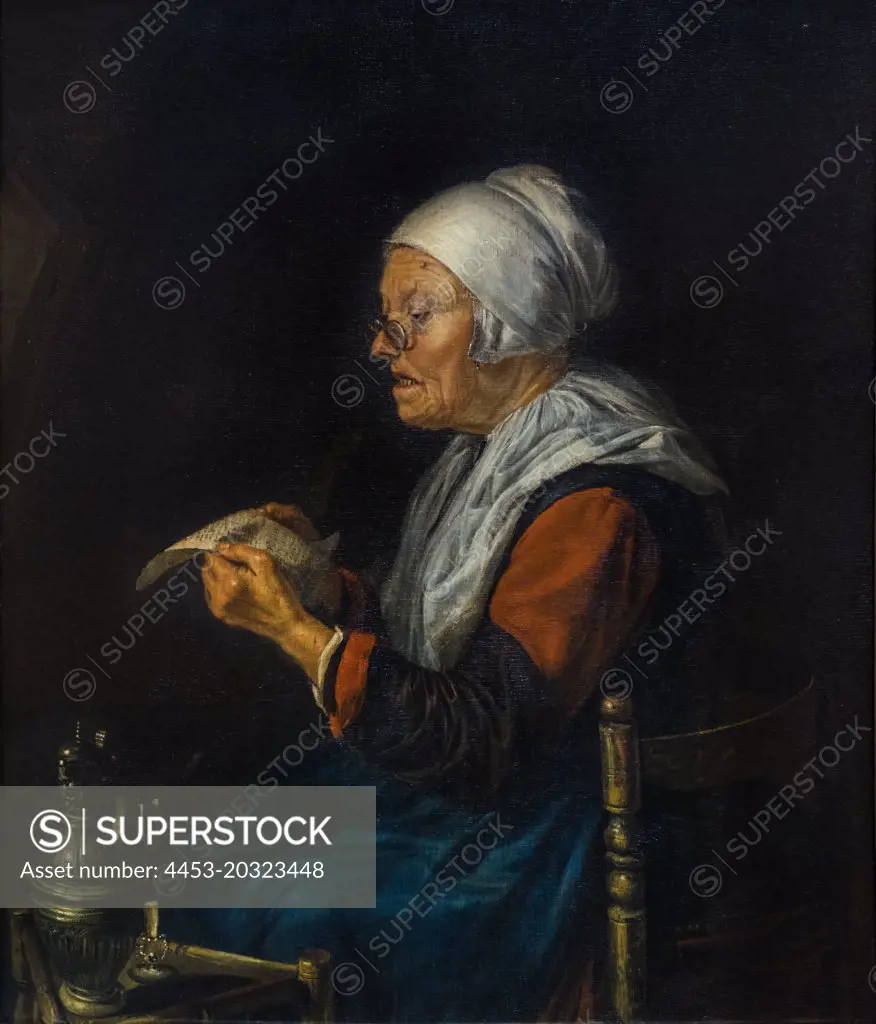 Old Woman Reading Mid-17th century Oil on panel Dominicus van Tol; Dutch active Leiden Born c. 1635; died 1676