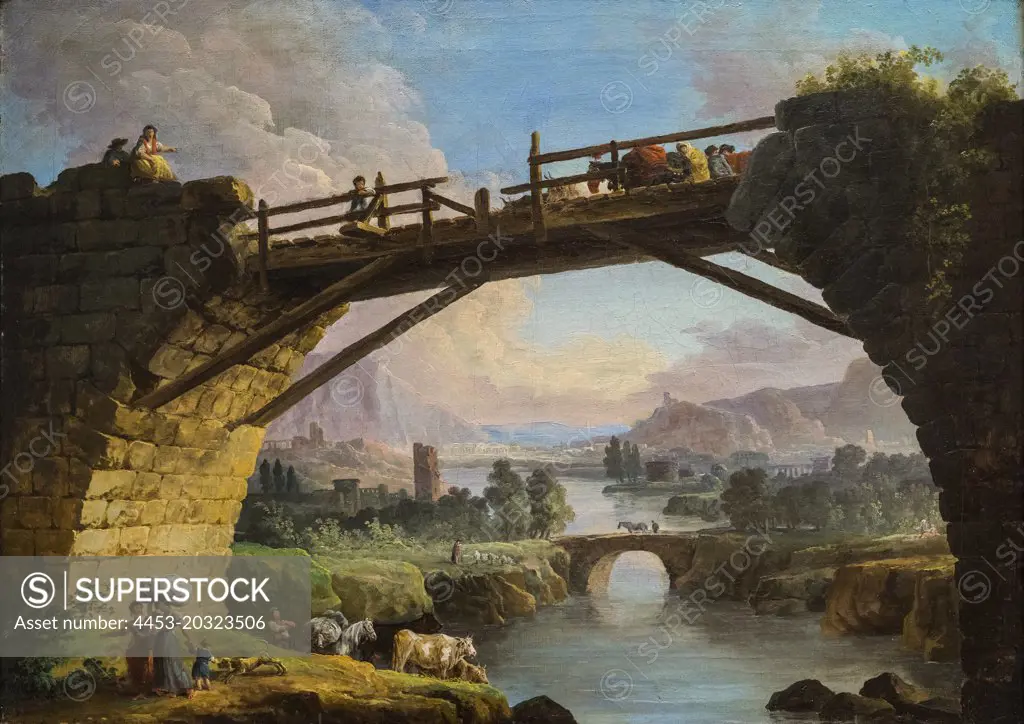 "Ruined Bridge with Figures Crossing 1767 Oil on canvas by Hubert Robert, French, 1733 - 1808"