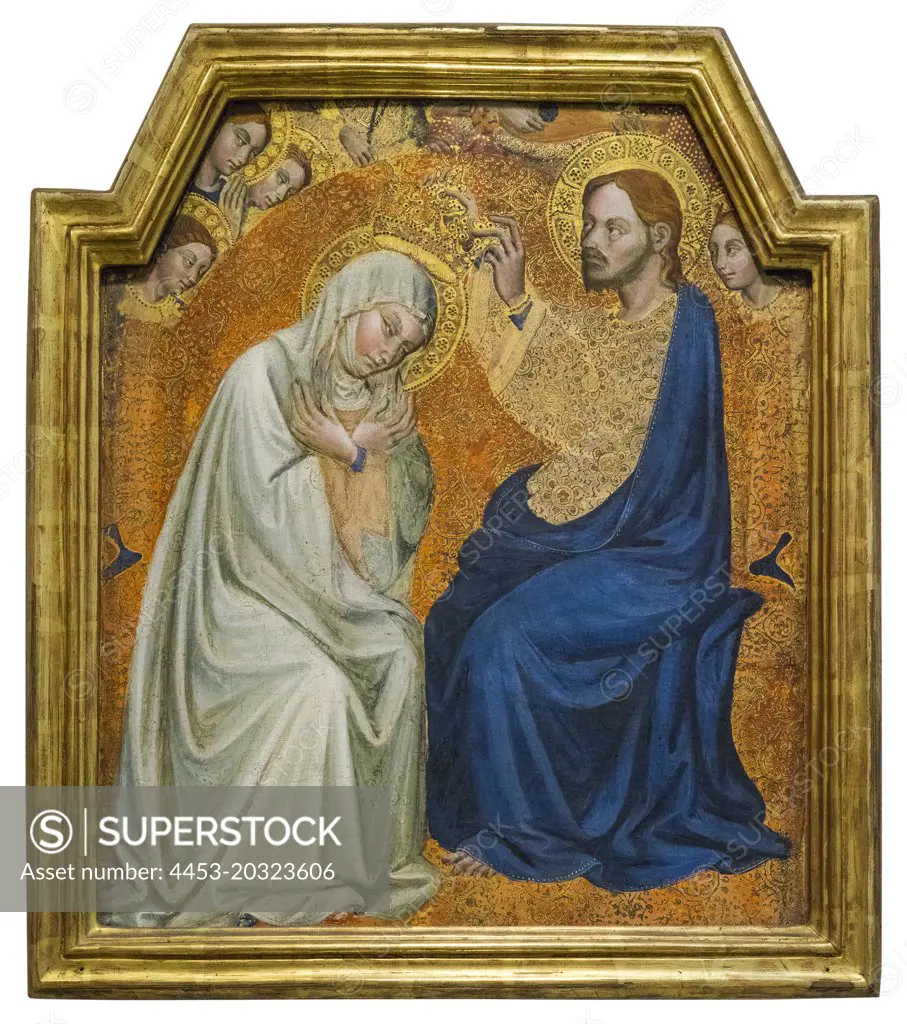 "Panel from an altarpiece showing the Coronation of the Virgin C. Tempera and tooled gold on panel by the Master of the Terni Dormition, Italian (active Umbria), active c. 1380 - 1412"