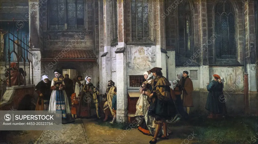 "Faust and Marguerite 1856 Oil on panel Hendrik Jan August Leys, Belgian, 1815 - 1869"