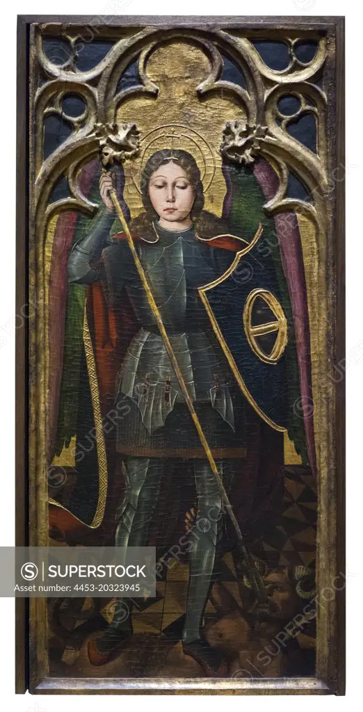 "Panel from an altarpiece showing the Archangel Michael 1500-1503 Oil and tooled gold panel by Juan Ximénez, Spanish"