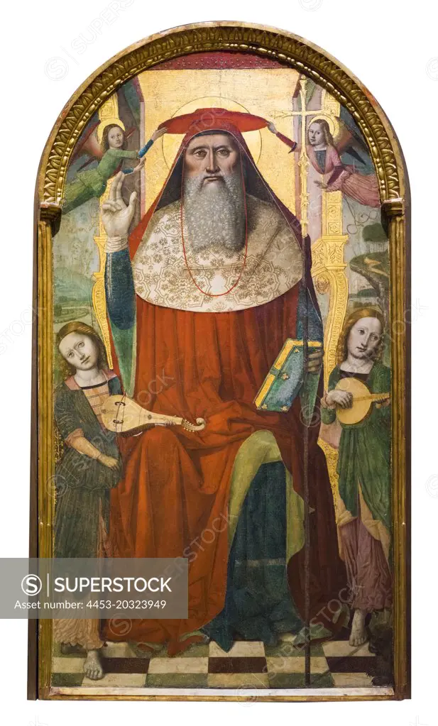 "Central panel from an altarpiece showing Enthroned Saint Jerome; with Angels c. 1495 Oil and gold panel by Nicolò Corso (Nicolò di Lombarduccio da Pieve di Vico), Italian (active Liguria)"