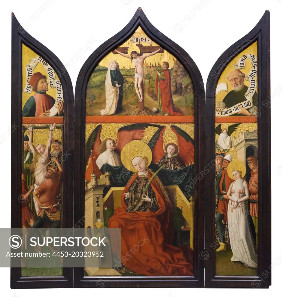 "Triptych showing scenes from Martyrdom of Saint Barbara and scenes from the Life of Christ by Master of the Laufen High Altarpiece, Austrian (active Salzburg)"