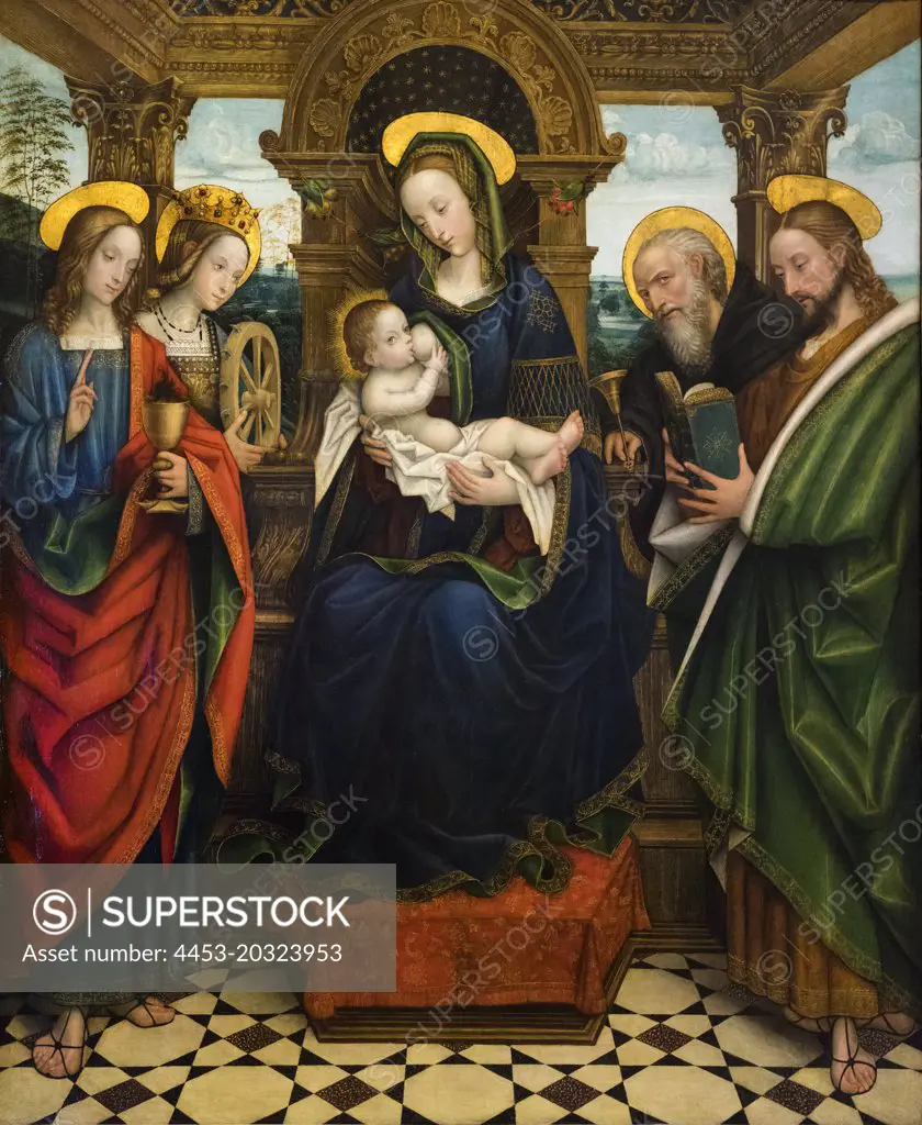 "Altarpiece showing the Virgin and Child; with Saints John the Evangelist; Catherince of Alexandria; and Anthony Abbok; and a Saint Reading a Book 1520s Oil and gold on panel; transferred to canvas by Defendente Ferrari, Italian (active Piedmont)"