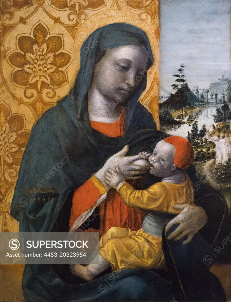 "Virgin Nursing the Christ Child before a Landscape c. 1490 Oil and gold panel by Vincenzo Foppa, Italian"
