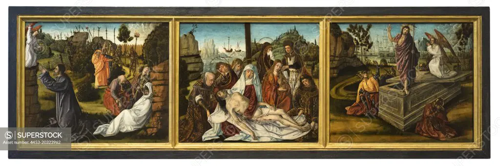 Predella panels showing Christ in the Garden of Gethsemane; the Lamentation; and the Resurrection Ieft to right c. 1465 Oil and gold on panels