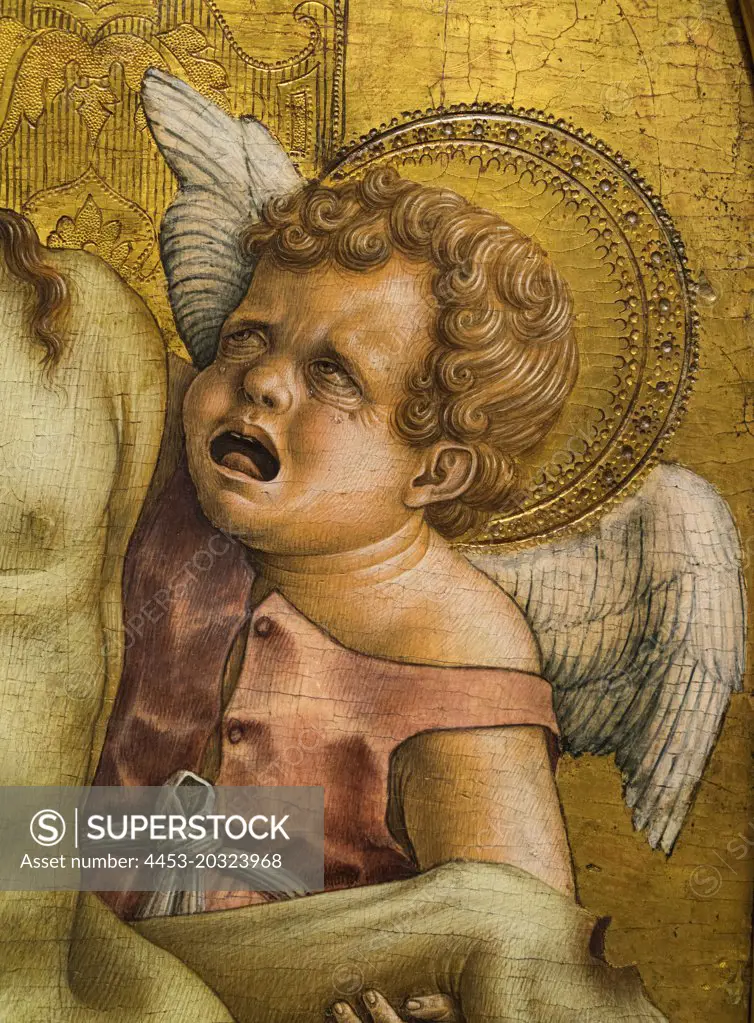 "Detail from Pinnacle from an altarpiece showing the Dead Christ Supported by Two Angels c. 1472 Tempera and tooled gold on panel by Carlo Crivelli, Italian"