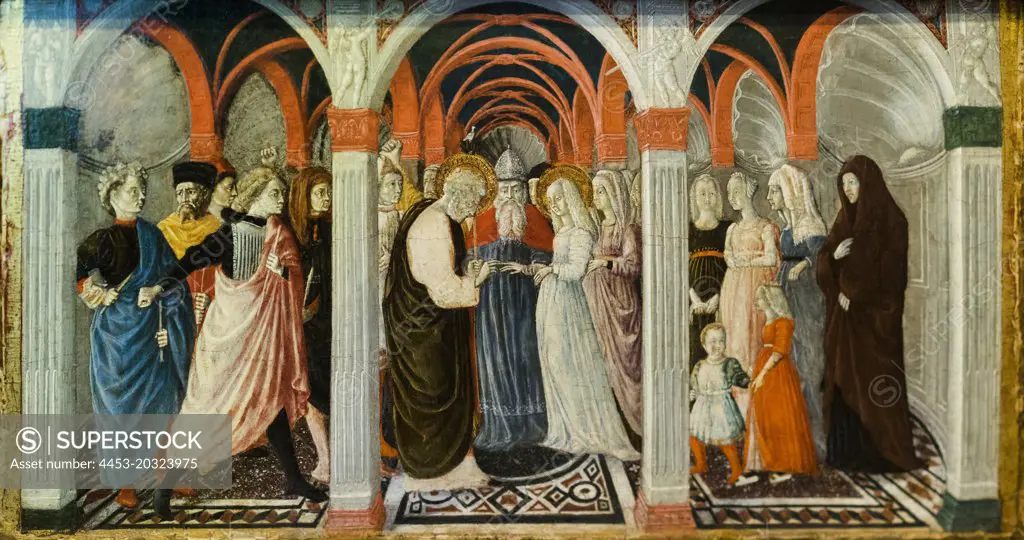Predella panel showing the Presentation of the Infant Christ in the Temple and Christ among the Doctors c. 1427-30 Tempera and gold on panels