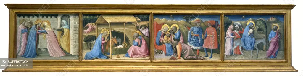 Predella panels showing scenes from the Infancy of Christ; the Visitation; the Nativity; the Adoration of the Magi; the Flight into Egypt Late 1420s to early 1430s Tempera and tooled gold on panels