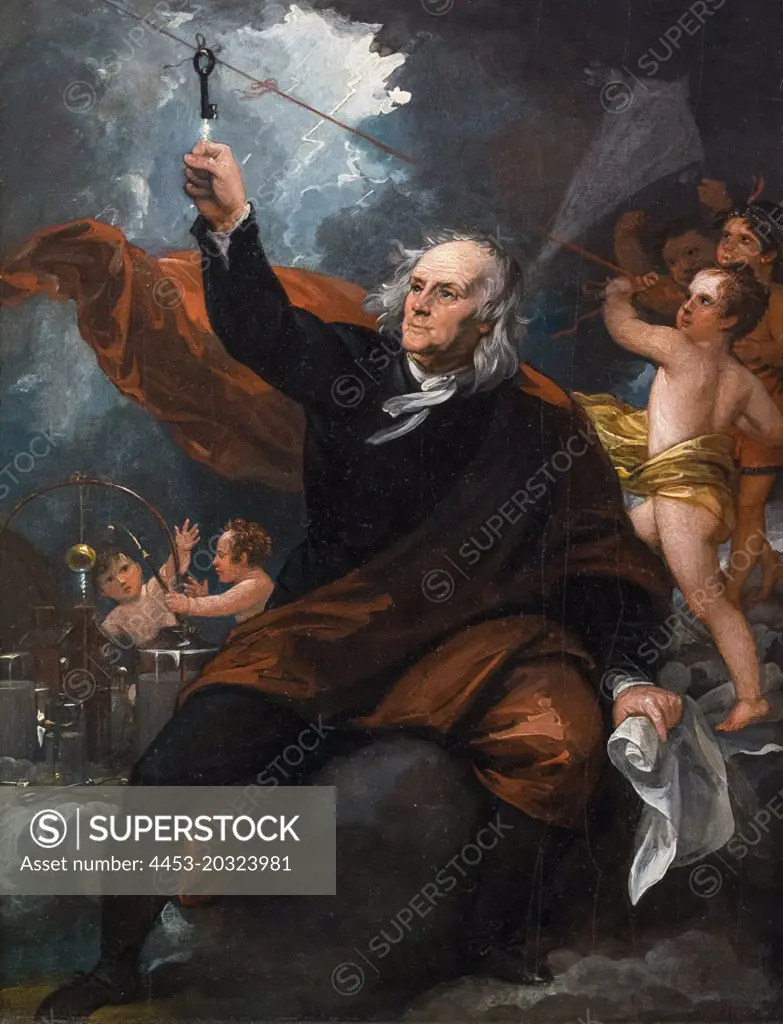 "Benjamin Franklin Drawing Electricity from the Sky c. 1816 Oil on slate by Benjamin West, English (born America), 1738 - 1820"