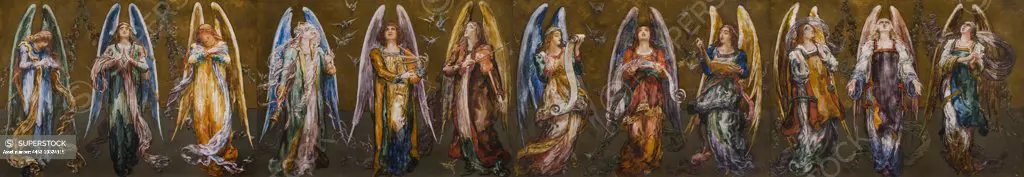 Angels representing Adoration; Praise; Thanksgiving; and Love; 1890s Opaque and transparent watercolor and metallic paint John La Farge American; 1835-1910