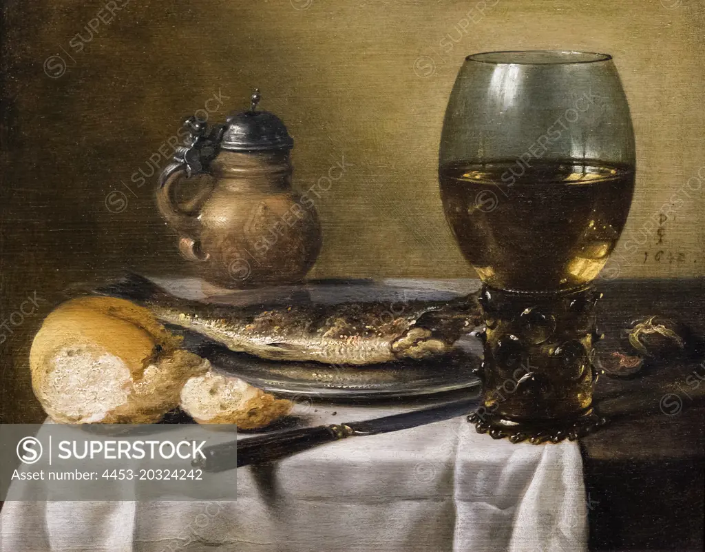 Still Life with Stoneware Jug; Wine Glass; Herring; and Bread; 1642 Oil on panel Pieter Claesz. Dutch; about 1597-1660