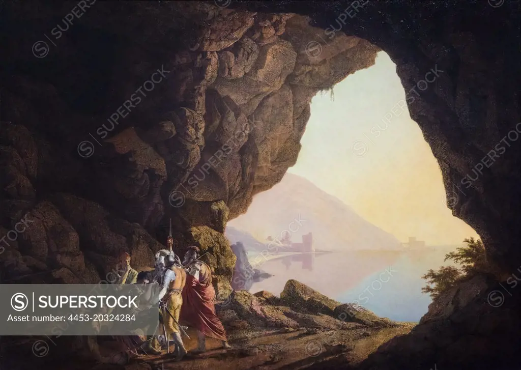 Grotto by the Seaside in the Kingdom of Naples with Banditti; Sunset; 1778 Oil on canvas Joseph Wright of Derby English; 1734-1797