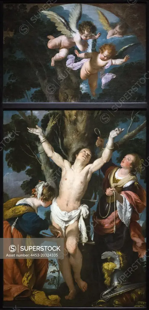 Three Angels; about 1631-36 Oil on canvas Saint Sebastian Tended by Saint Irene and Her Maid; about 1631-36 Oil on canvas Bernardo Strozzi Italian Genoa; active in Genoa and Venice; 1581-1644