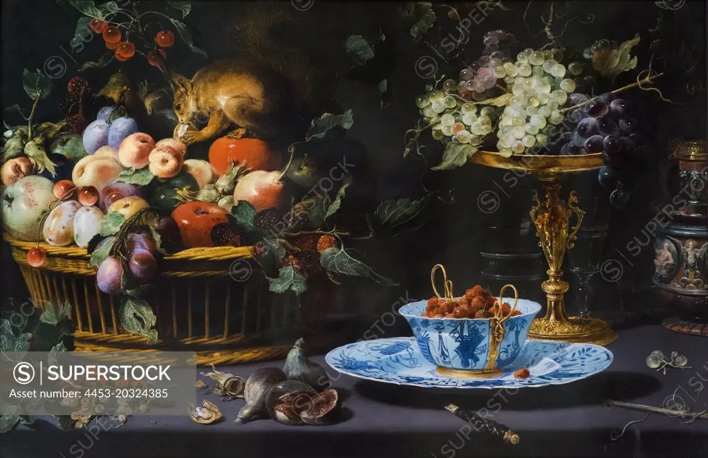 Still Life with Fruit; Wan Li Porcelain; and Squirrel; 1616 Oil on copper Frans Snyders Flemish; 1579-1657