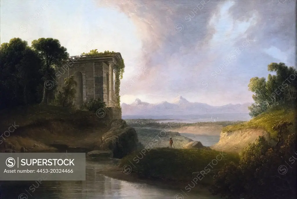 Romantic Landscape with a Temple; 1834 Oil on panel Thomas Doughty American; 1793-1856