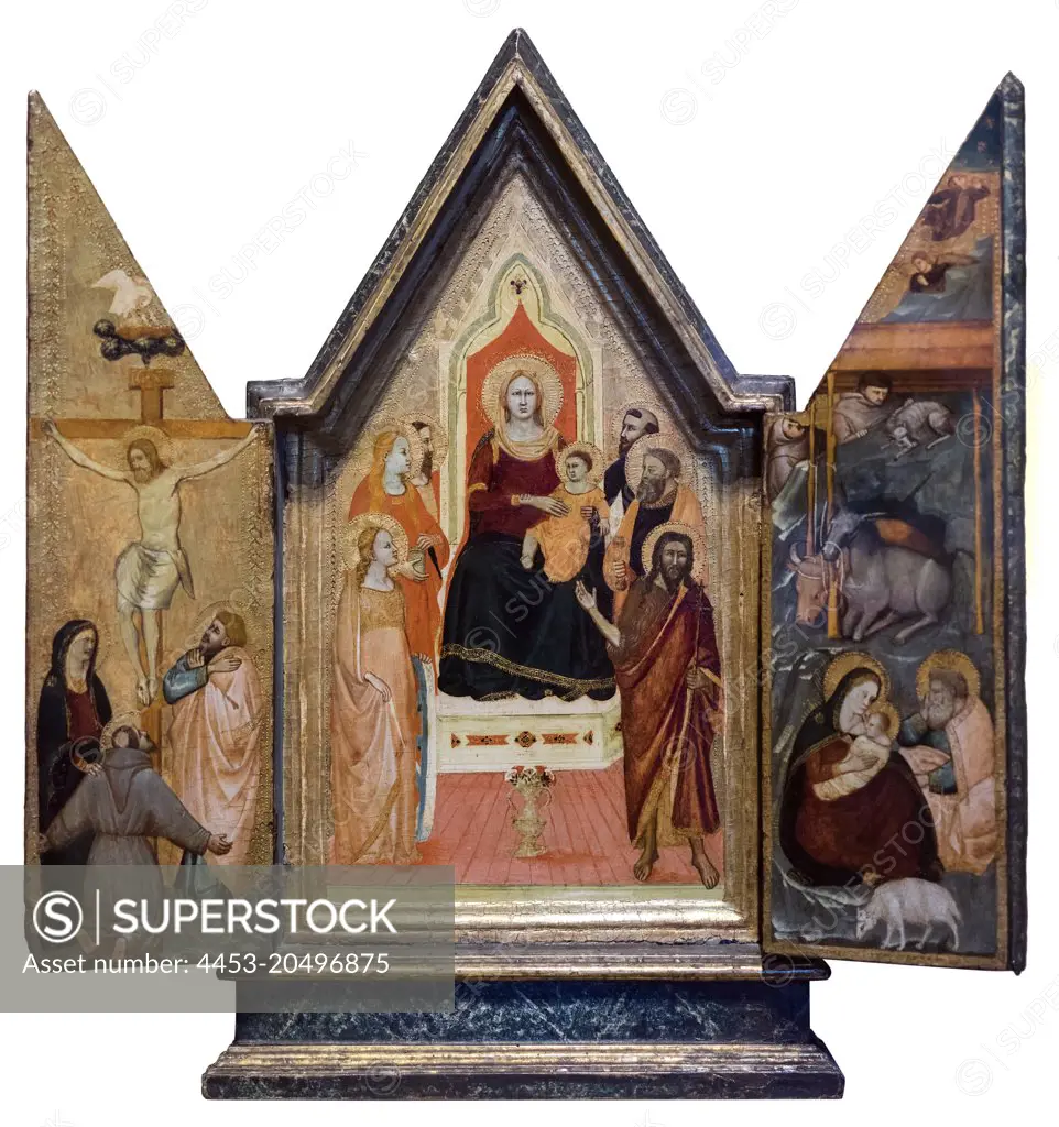 Virgin Enthroned with Saints; Nativity; and Crucifixion; about 1335-50 Tempera on panel Maso di Banco; Italian; active 1335-50