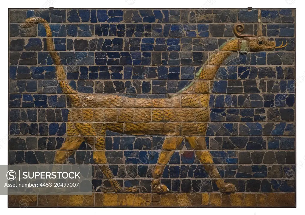 Snake-Dragon; Symbol of Marduk; the Patron God of Babylon; Panel from the Ishtar Gate; 604-562 B.C.E.; Glazed earthenware bricks Unknown artist; Babylon; Iraq