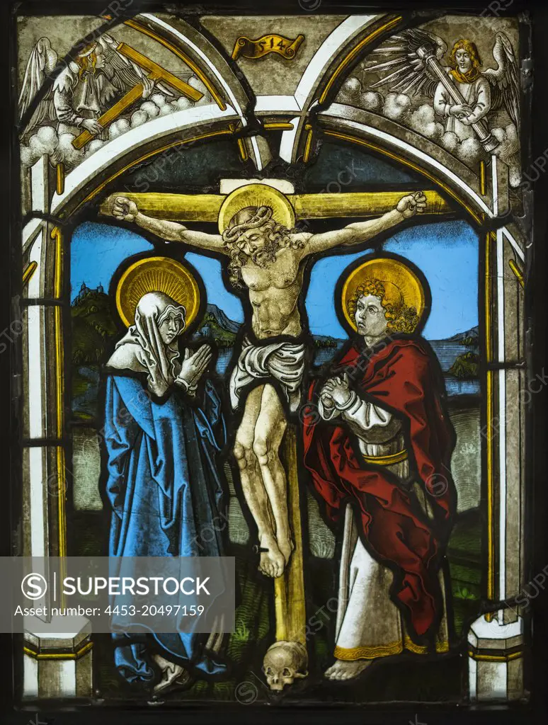 The Crucifixion with the Virgin; Saint John; and Angels; 1514; Pot-metal glass; uncolored glass with silver stain Veit Hirschvogel the Elder; German Nuremberg 1461-1525