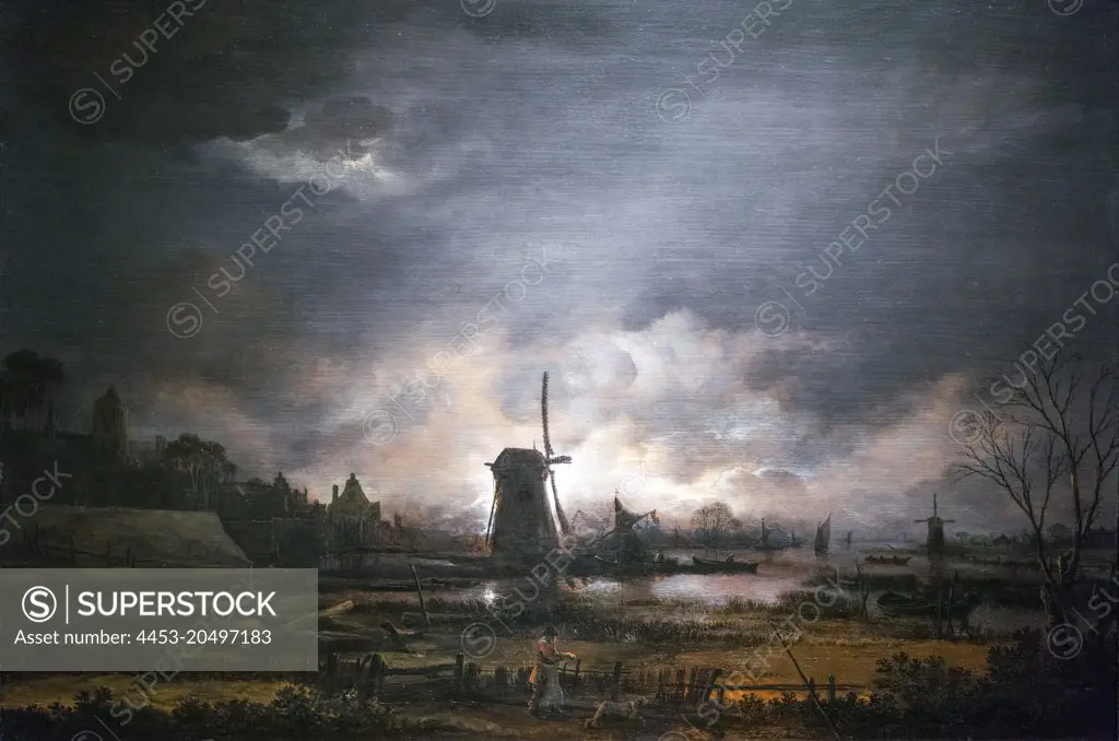 Moonlit Landscape with a Windmill; about 1650-55; Oil on oak panel Aert van der Neer; Dutch; 1603-77