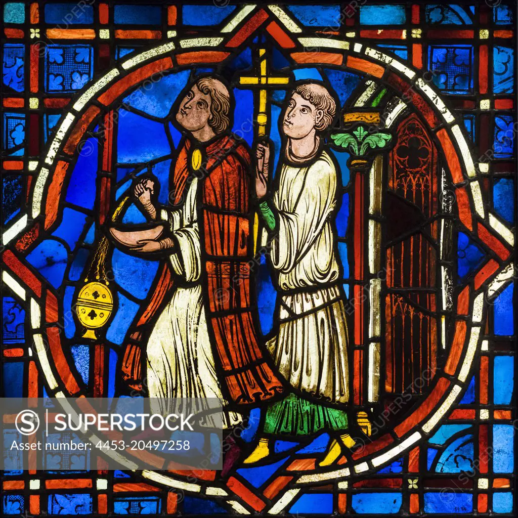 Two Clerics; about 1205-12; Pot-metal glass with paint Unknown artist; From the Cathedral of Saints Gervais and Protais; Soissons; France