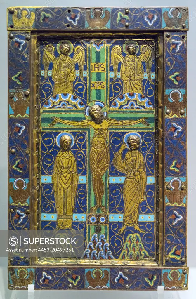 Book Cover with the Crucifixion; about 1200; Champleve enamel on gilt copper; mounted on oak core Unknown artist; French Limoges