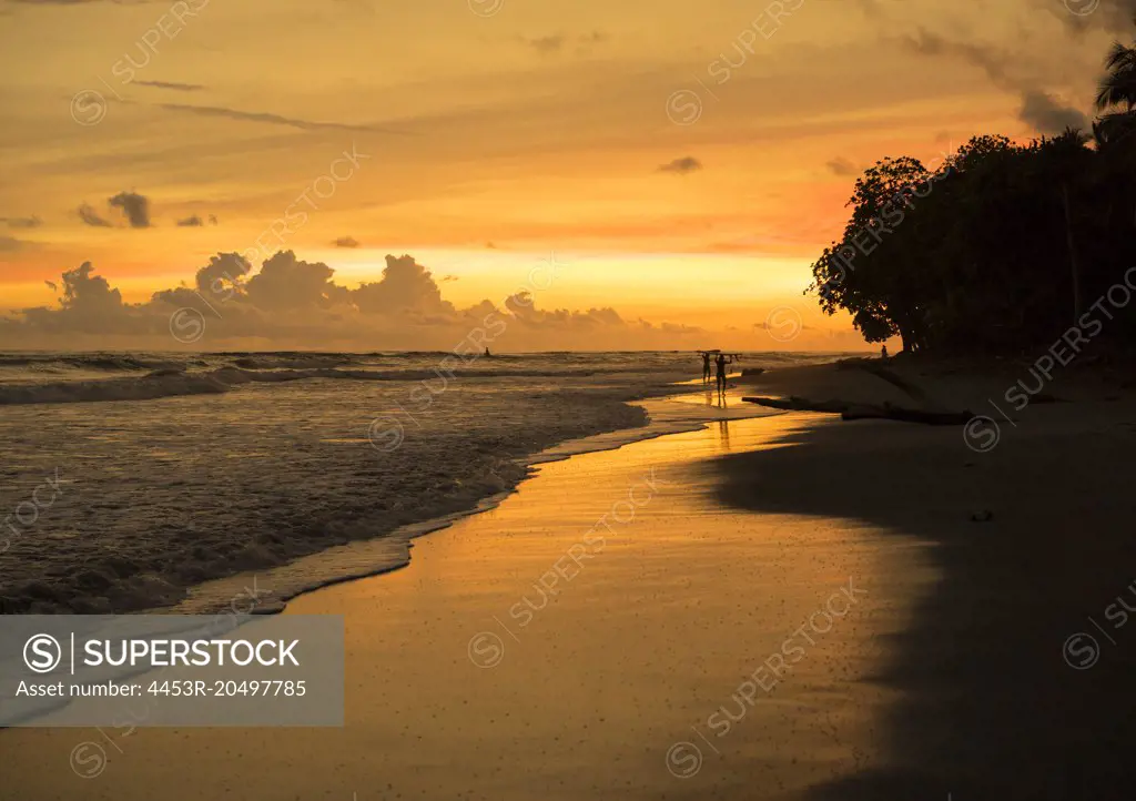 People walking on tropical beach at sunset
