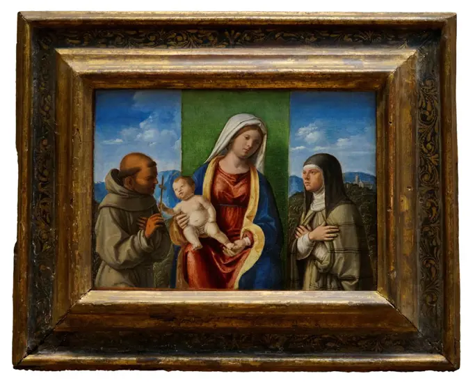 Cima da Conegliano (Giovanni Battista Cima); Italian; Conegliano ca. 1459-1517/18 Venice or Conegliano; Madonna and Child with Saints Francis and Clare; Oil on wood. Gold frame.