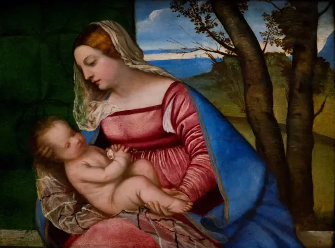 Titian (Tiziano Vecellio); Italian; Pieve di Cadore ca. 1488-1576 Venice; Madonna and Child; Oil on wood.