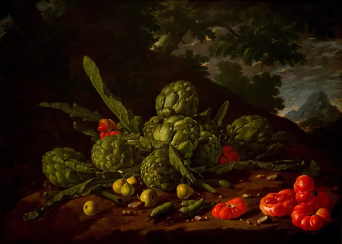 Still Life of Artichokes and Tomatoes in Landscape by Luis Egidio Melendez or Menendez (Naples 1716-1780 Madrid) Oil on canvas.