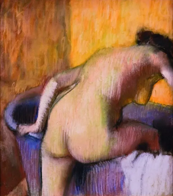 Edgar Degas; French; 1834-1917; Bather Stepping into a Tub; ca. 1890; Pastel and cliarcoal on blue laid paper.