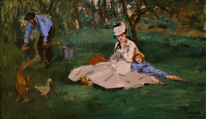 Edouard Manet; French; Paris 1832-1883 Paris; The Monet Family in Their Garden at Argenteuil; 1874; Oil on canvas.