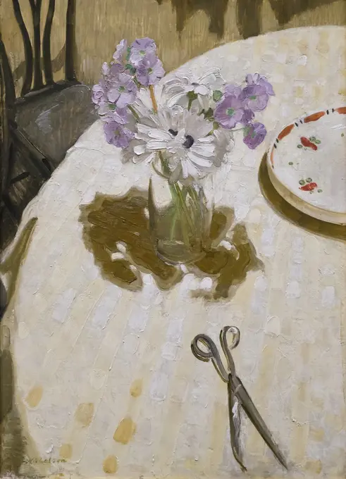 Primulas on table by William Nicholson (1872 - 1949); Oil on wood; 1927