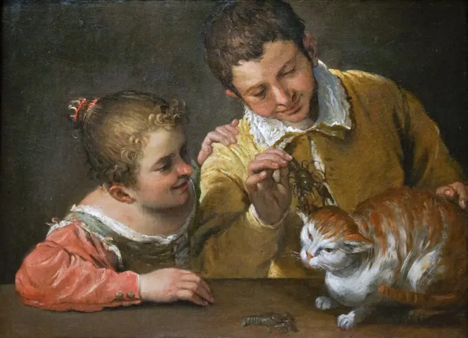Two Children Teasing Cat by Annibale Carracci (1560 - 1609); Oil on canvas
