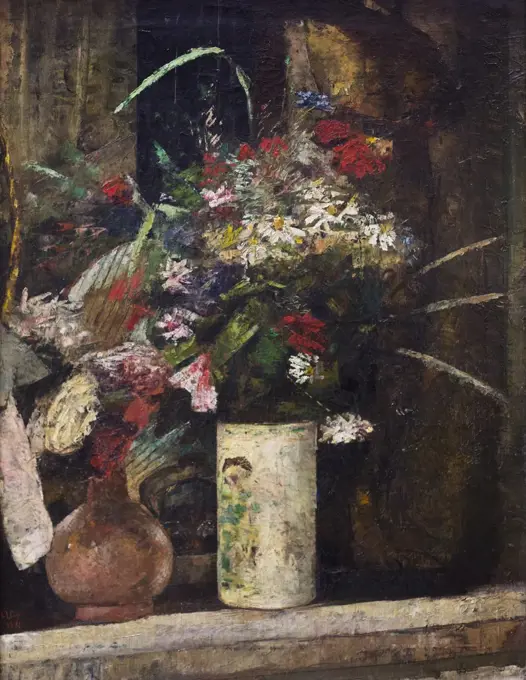 1882 Flowers on the Chimneypiece. (Lesser Ury; Birnbaone/westpreuben 1861-1931 Berlin)