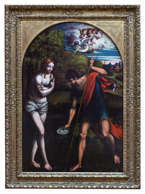 Oil panel. 204 x 133 cm . (Staatliche Museen; Berlin) Parmigianini. (Girolamo Francesco Mary Mazzola); painter of the Mannerist school Itanian. He was born in Parma and of studied there with Correggio. One of the chief disciples of Correggio's sensuous style; he blended it with the classical style of the Roman painter Raphael. (Parmigianino; Baptism of Christ. C1519.)