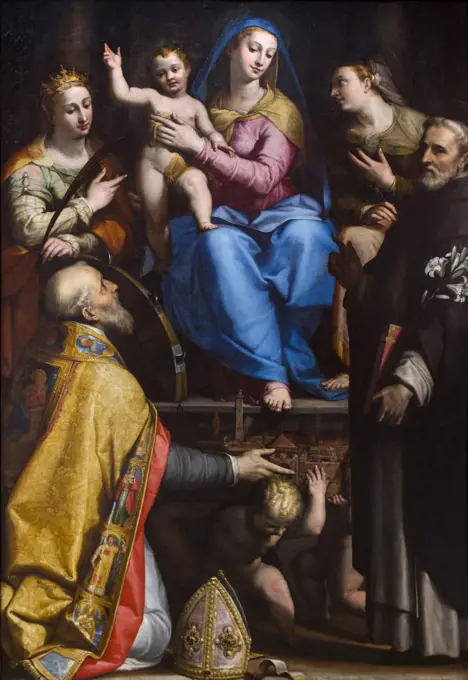 Enthroned Madonna with the blessing Child and Sts. Petronius; Catherine of Alexandria; dominikus and Apollonia. C. 1570/73. (Lorenzo Sabbatini; Around 1530 Bologna - 1576 Rome)