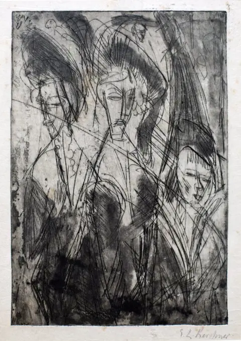 Three cocottes at night. (Ernst Ludwig Kirchner; 1880-1938; 1914; Radierung)