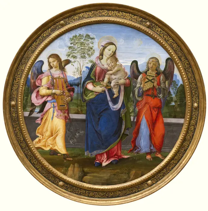 Mary with the Child and two Angels playing music. 1496/98. (Raffaellino del Garbo; on 1479 1524 or 1527 Florence Florence)