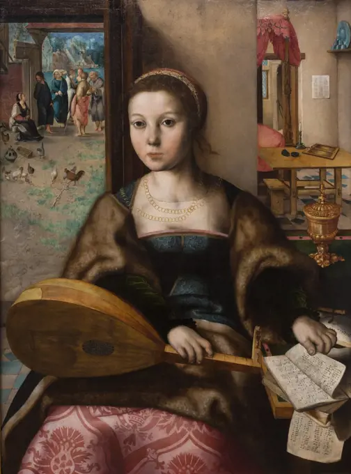Mary Magdalene; in christ background with martha .. (hemessen jan sanders van; erkstat; 1500 hemixen-1563/66 Antwerp and braunschweiger monogrammist)