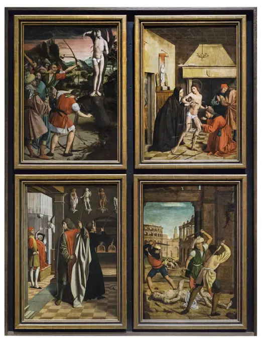 "Panels from an altarpiece with scenes from the Legend of Saint Sebastian c. 1497 Oil on panels by Josse Lieferinxe, French"