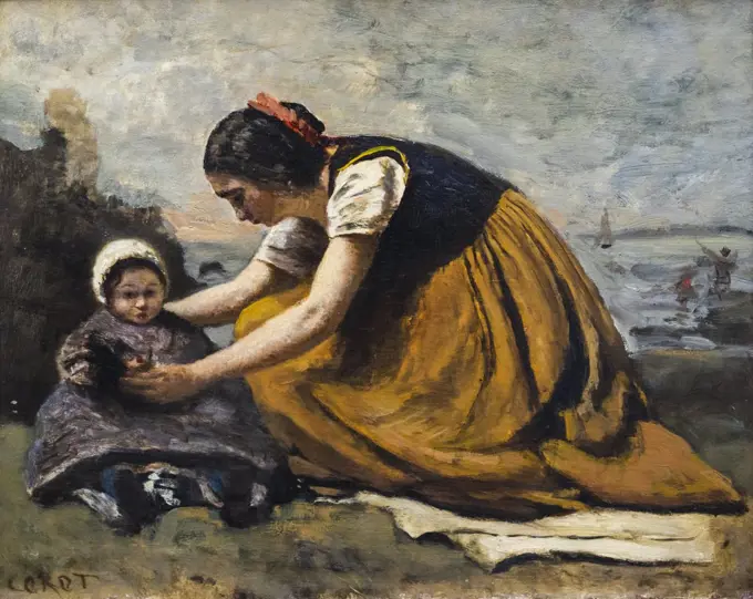"Mother and Child on a Beach c. 1860 Oil on canvas Jean-Baptiste-Camille Corot, French, 1796 - 1875"