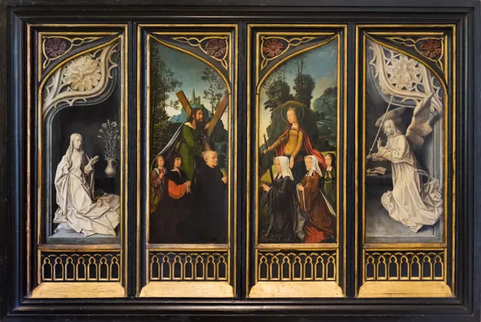 Wings from a triptych showing the Virgin of the Annunciation; the Apostle Andrew with a Donor and His Sons; Saint Catherine of Alexandria with a Donor and Her Daughters; and the Angel Gabriel c. 1510 Oil on wood artist unknown