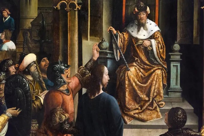 "Detail from Panel from an altarpiece showing Christ before Pilate; with Christ Led to Annas; the Mocking of Christ; the Denial by Peter; and Christ before Caiaphas c. 1520-40 Oil and gold panel by the Master of the Beighem Altarpiece, Netherlandish (active Brussels), active 1520 - 1540"