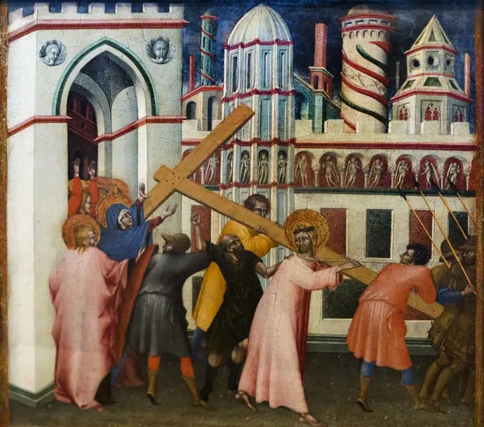 Predella panel showing Christ on the Road Calvary Early 1430s Tempera and gold on panel